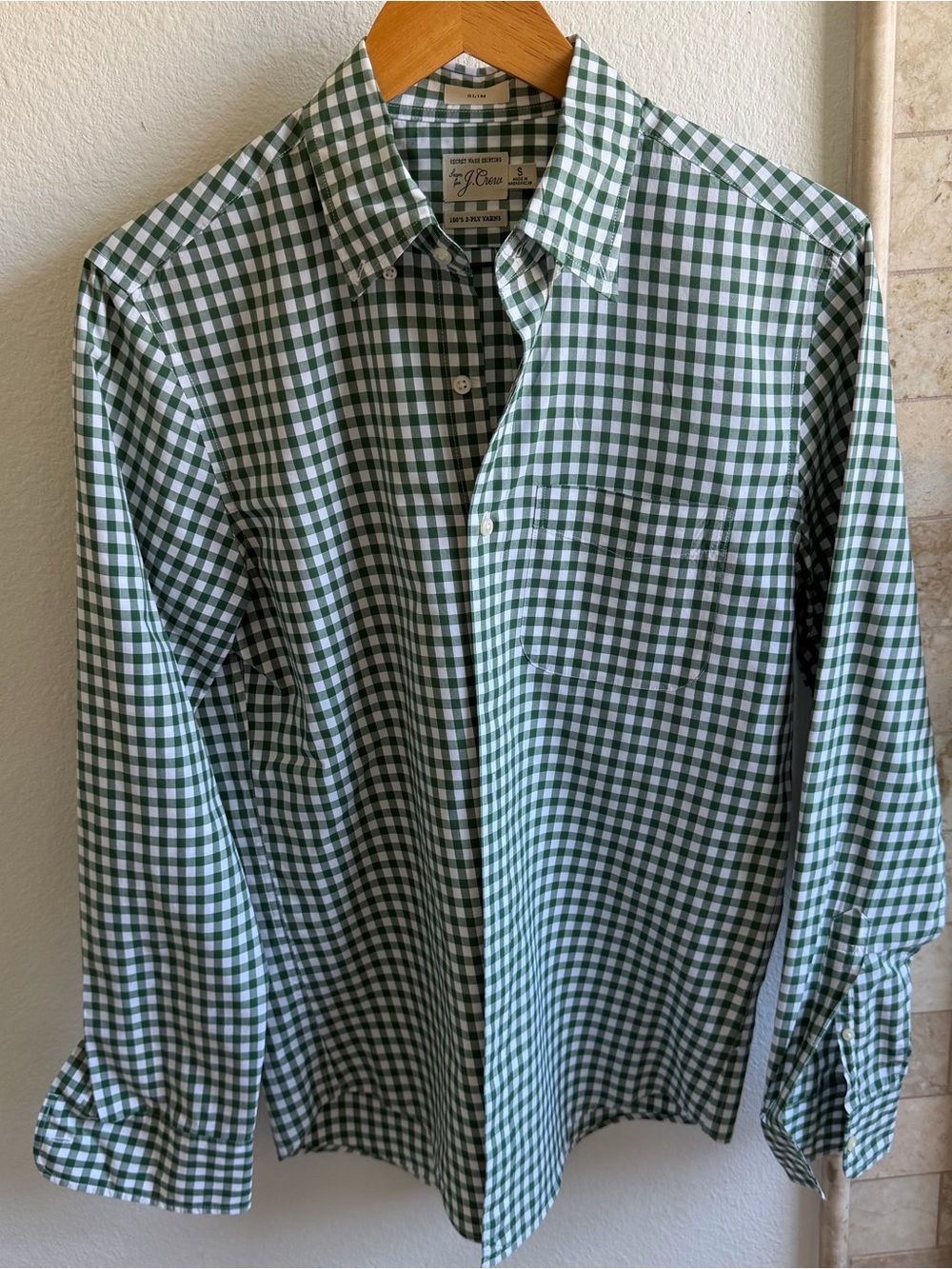 J Crew Men’s green and white check dress shirt -size small